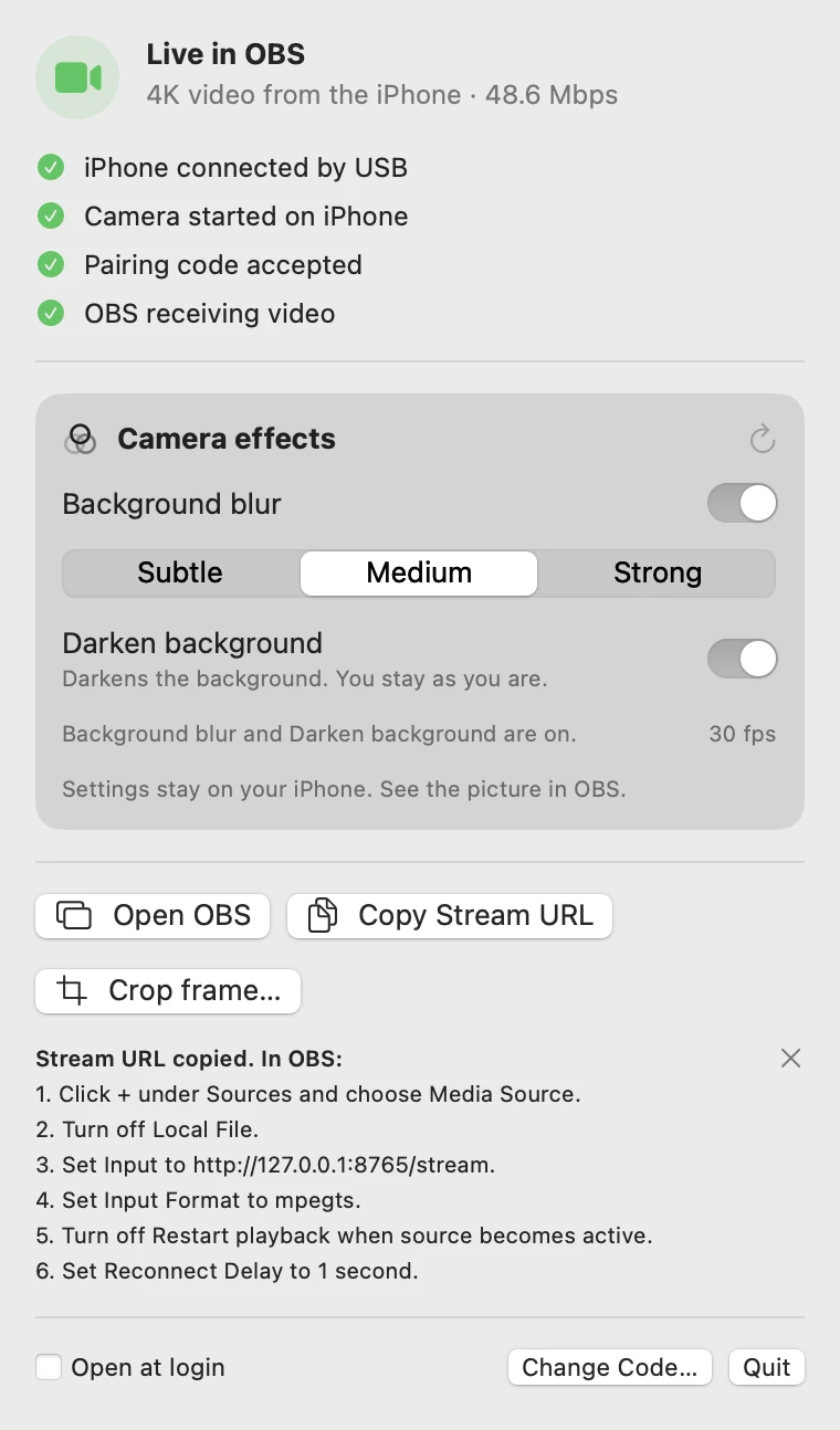 Real Lenscord for Mac panel: Live in OBS, 4K video from the iPhone, a connection checklist, the Camera effects card, and the six OBS steps after Copy Stream URL.