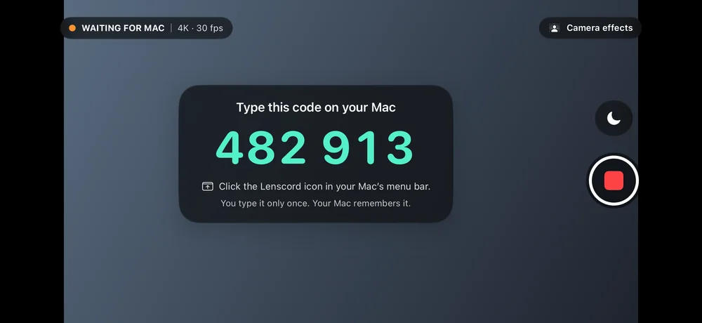 Real Lenscord for iPhone pairing screen: Type this code on your Mac, 482 913. Click the Lenscord icon in your Mac’s menu bar. You type it only once. Your Mac remembers it.