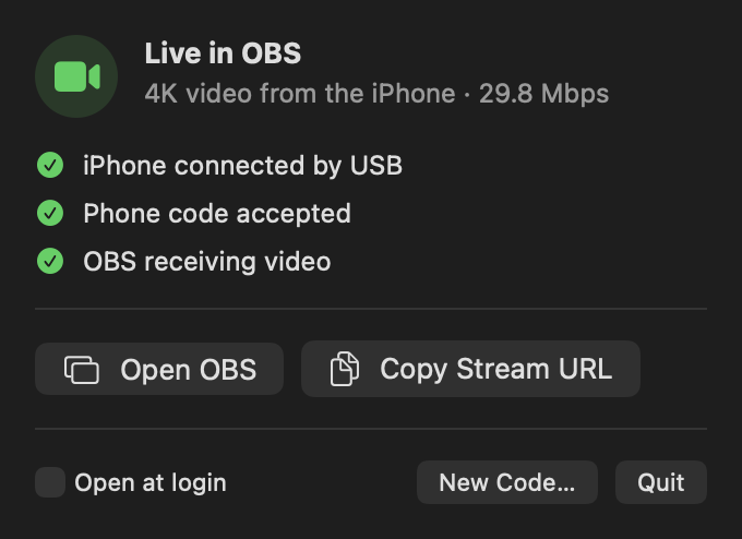 Actual Lenscord Mac utility showing the Live in OBS status and connection checklist